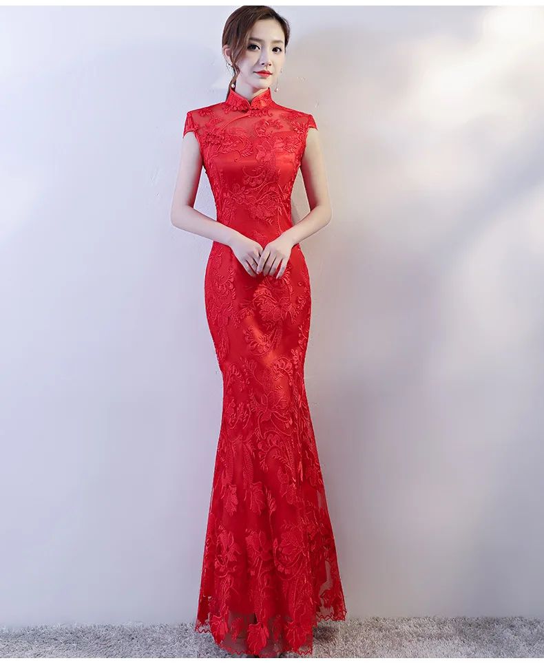 Chinese Wedding Dress for Women Lace Fishtail Red Bride Dress Long Cheongsam for Evening Party Lady Vintga Chinese Qipao