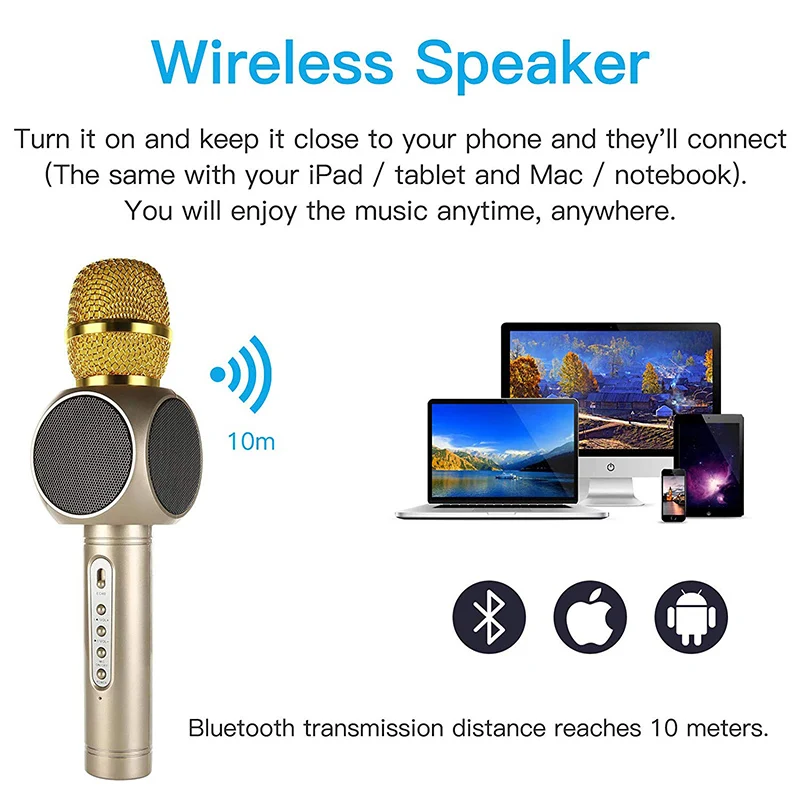 Беспроводной микрофон для караоке 4 в 1 Портативный bluetooth Золотой динамик и плеер