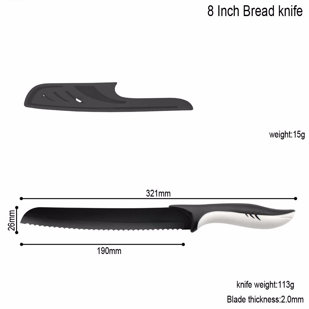 8 Inch Bread COOBNESS кухонные ножи, инструмент Santoku, нож шеф-повара, нож для очистки овощей, нож для нарезки хлеба, черное лезвие, нож из нержавеющей стали, для дома - Цвет: 8 Inch Bread