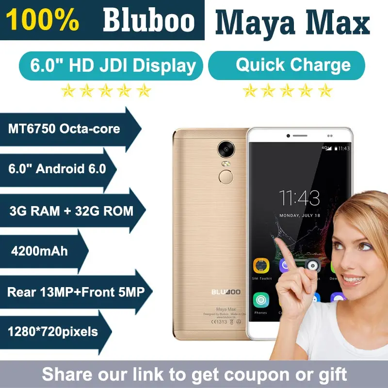 Оригинальный смартфон Bluboo Maya Max 6 0 дюймов Android MT6750 Восьмиядерный мобильный