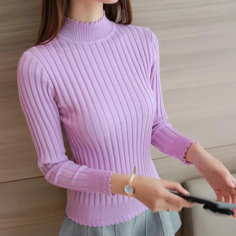 Женский эластичный свитер облегающий пуловер с длинным рукавом и высоким