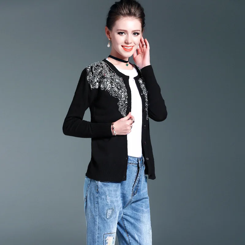 Women Cardigans Open Stitch Knit Black O-neck Christmas Sweater Loose tricot Beading Cardigan Jacket Coat female S-XL |