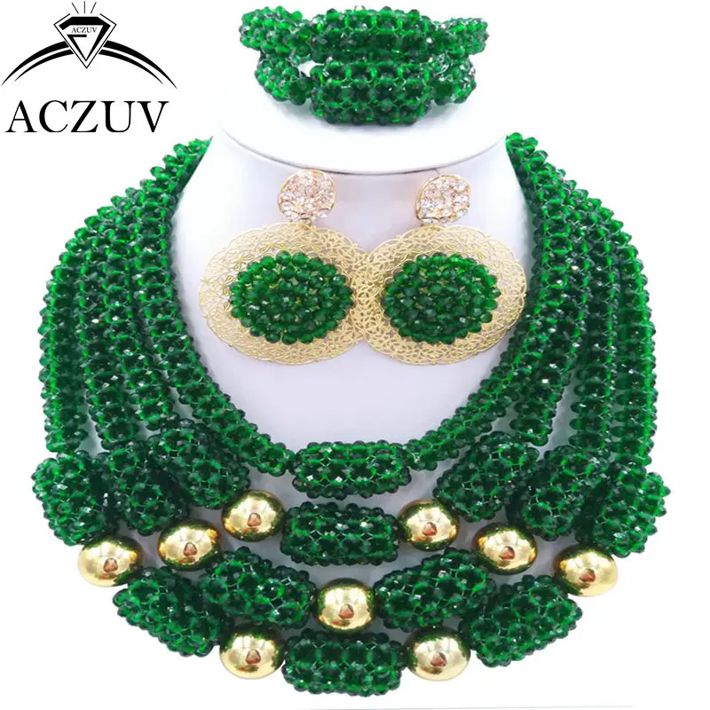 ACZUV Последние темно-зеленые нигерийские Свадебные африканские бусы Ювелирный Набор Кристалл ожерелье и серьги браслет D4R028
