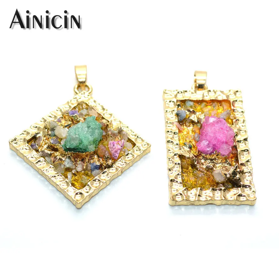 5 шт. натуральный кристалл Druzy проложили на Золотой квадрат прямоугольной формы