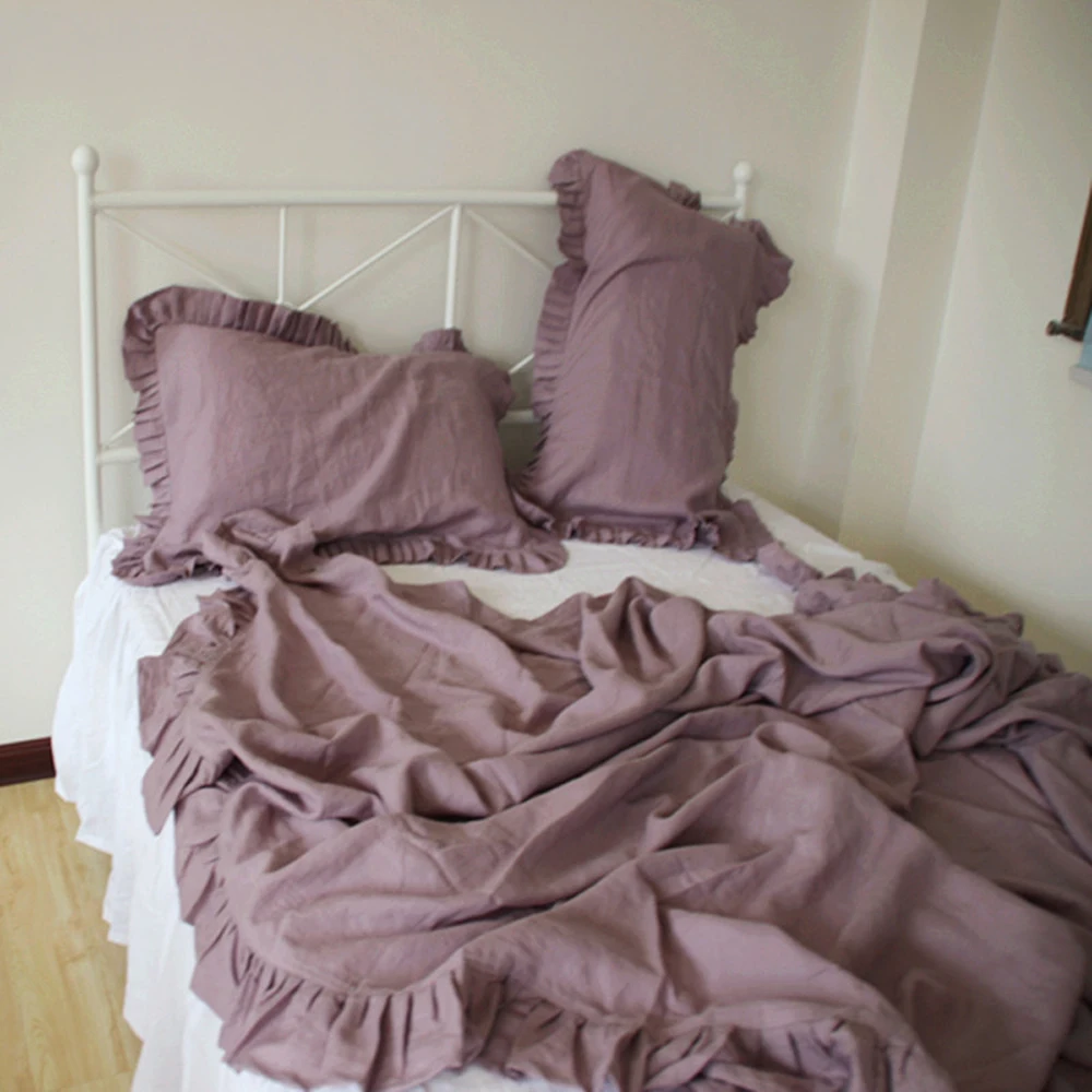 Пододеяльник с оборками постельное белье серого цвета из промытого льна длиной