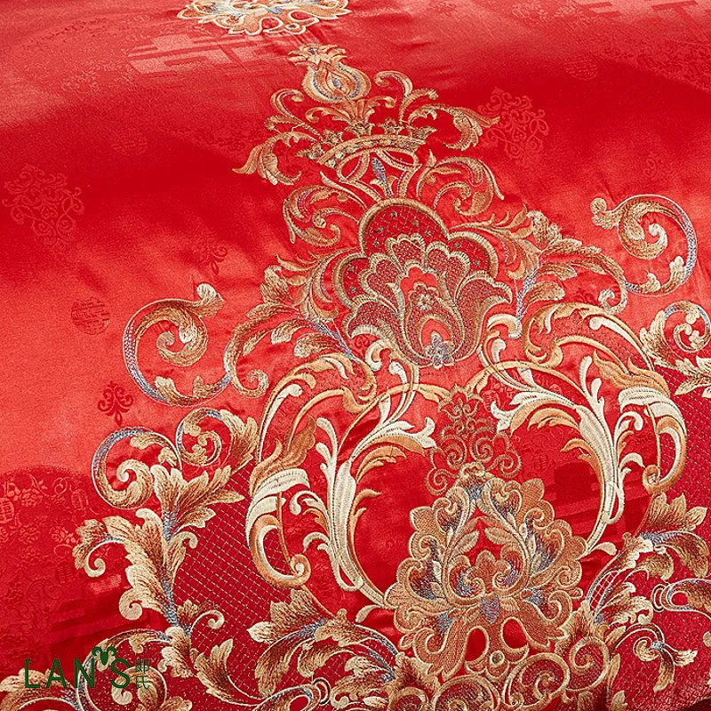 2016 Sparkle Luxury Embroidery 4pcs Bedding Sets Jacquard Satin Red Wedding Duvet Cover Bed Sheet Pillowcases 100%cotton AO07 | Дом и сад