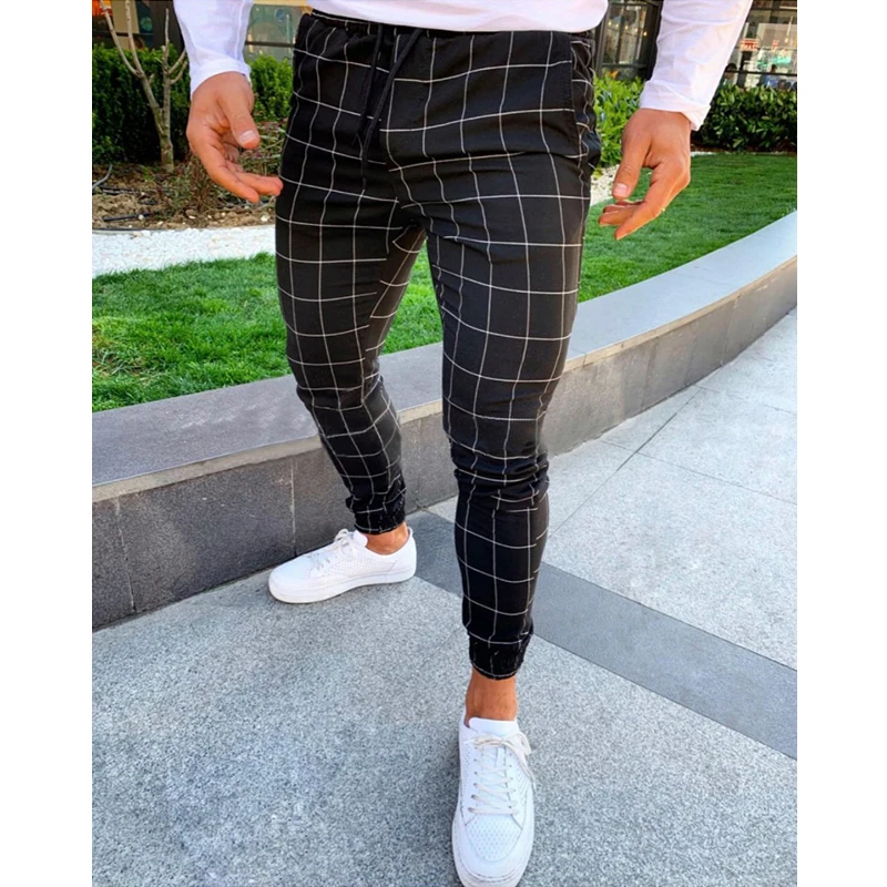 Брюки мужские с завышенной талией облегающие Джоггеры в клетку карманами прямые