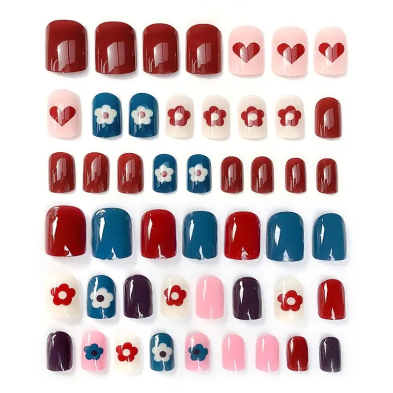 Простой маленький цветок радуги Короткие акриловые поддельные ногти рендеринг