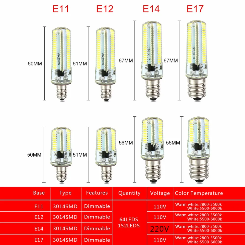 Затемнения E14 LED Bombillas E11 E12 E17 кукурузная лампа высокой яркости SMD 3014 чип Lampara Свеча