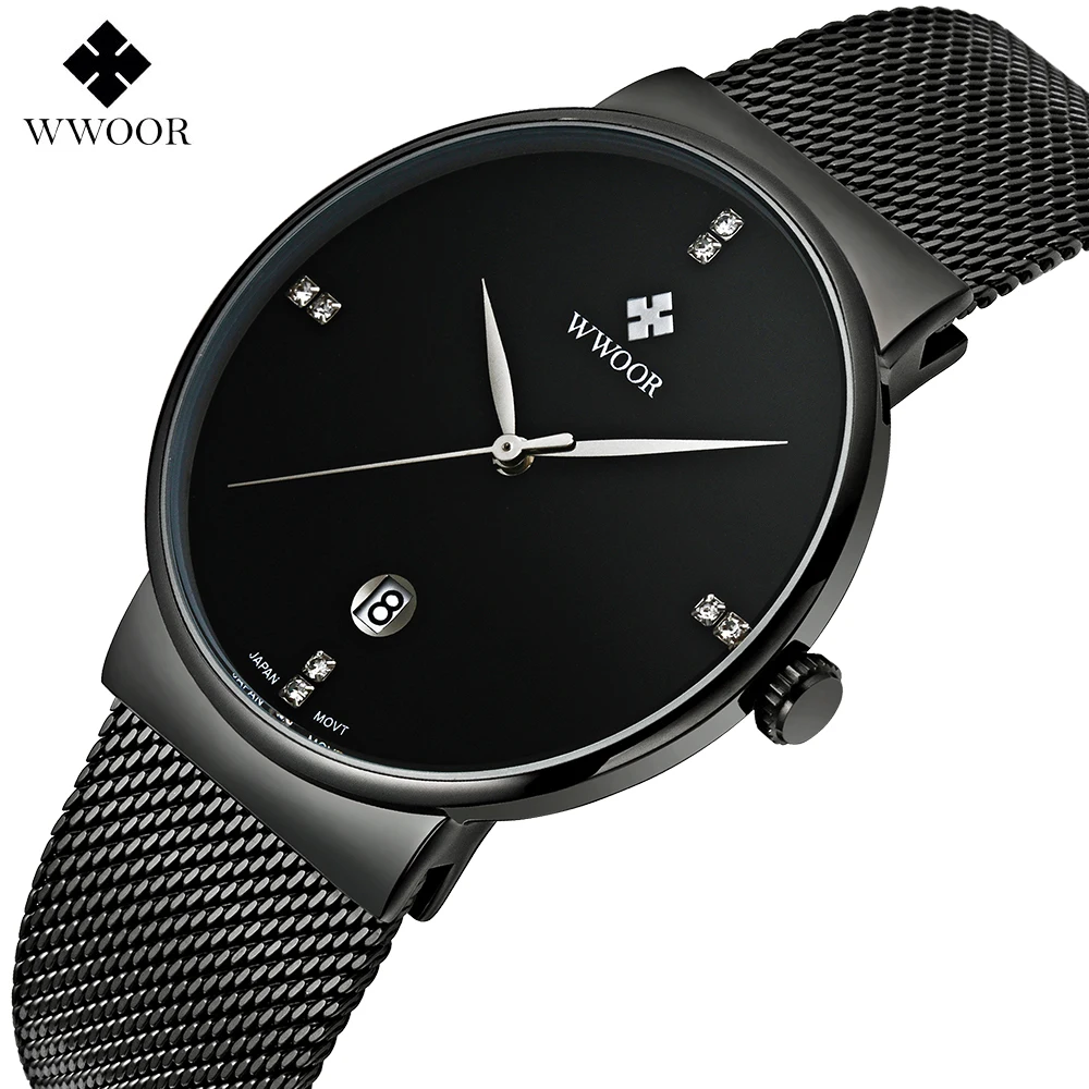 

WWWOOR Fashion Luxury brand Watches men Stainless Steel Mesh strap Quartz watch Ultra Thin Dial Clock Men's Watches waterproof