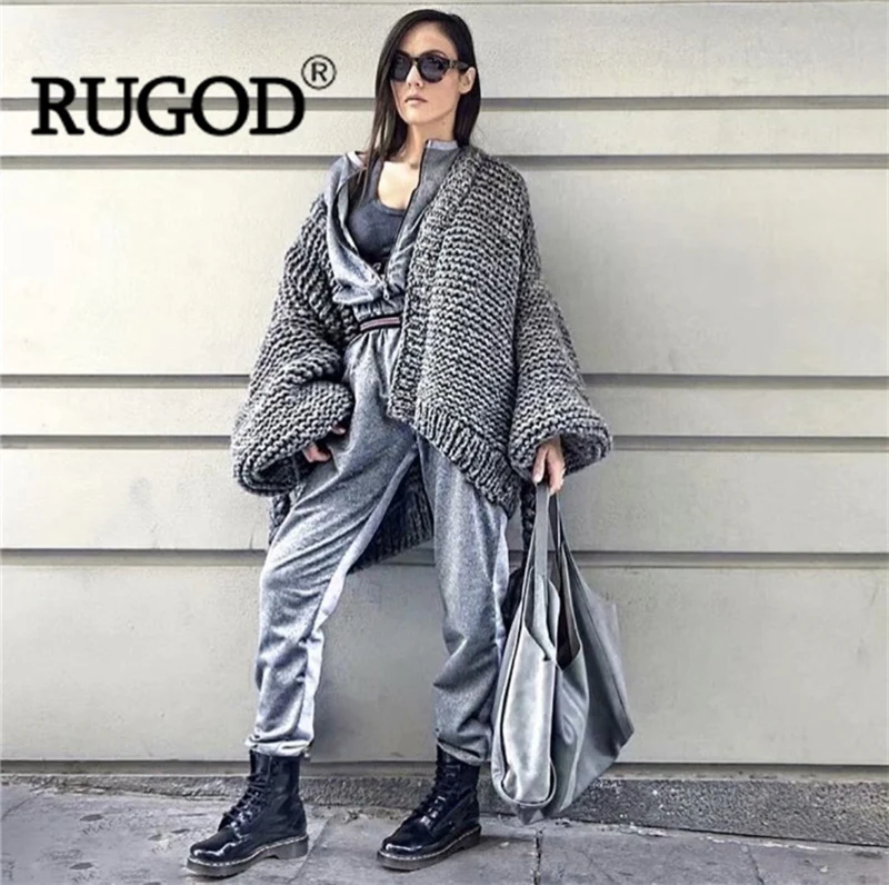 RUGOD, модный кардиган ручной работы с кисточками и поясом, Женский Осенний Свободный вязаный свитер с рукавами-фонариками, кардиганы, вязаное пальто
