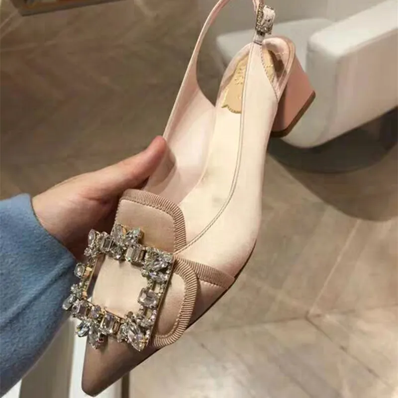 

Kmeioo 2021 Hot Sale Fashion Summer Shoes Woman Pointed Toe Med Heels Jewel Sandals Slingback Pumps Crystal Heels Wedding Shoes