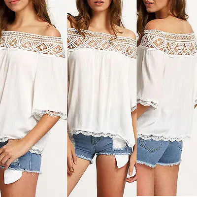 Модная женская кружевная шифоновая Повседневная Блузка с открытыми плечами и