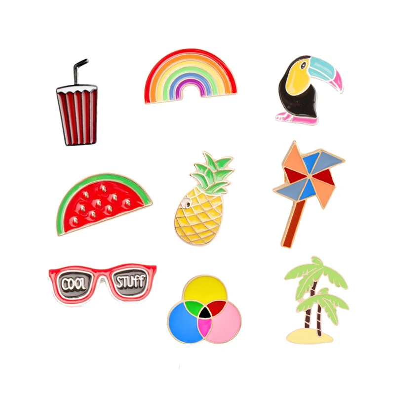 

Cartoon Fruits Brooch Watermelon Pineapple Windmill Glasses Coconut Tree Enamel Pins Women Men Denim Jackets Pin Badges Jewelry