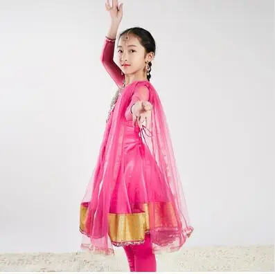 D Sarees India Traditional Children Costume Ethnic Style Girl Performance Dance Suits dress+pants+scarf - Цвет: D
