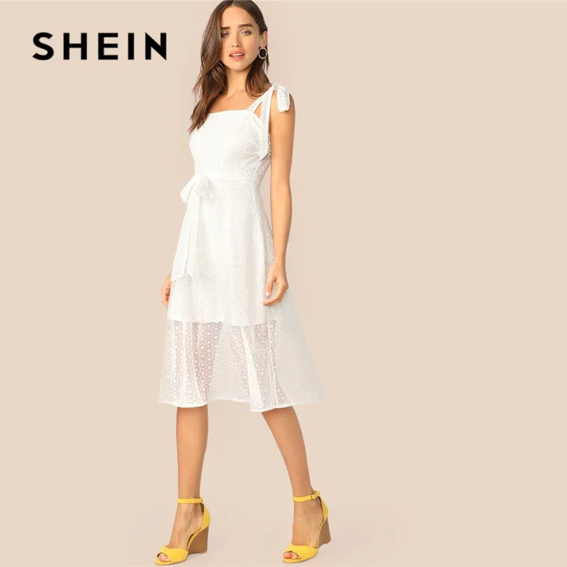 SHEIN летнее платье с кружевным верхним слоем и поясом, Женские Романтические белые вечерние платья без рукавов, однотонное платье средней длины с высокой талией
