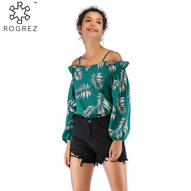 ROGREZ Red Yellow Green Casual Floral Chiffon Shirt Tops Slash Neck Strap Blouse Spring Summer Women Long Sleeve Shirts 2019 |