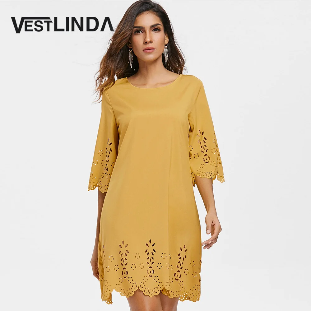 Женское мини платье с круглым вырезом VESTLINDA повседневное желтое свободное