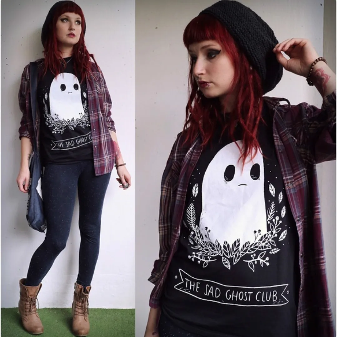 Hillbilly Kawaii грустно Ghost Club Графический с короткими рукавами черная футболка унисекс