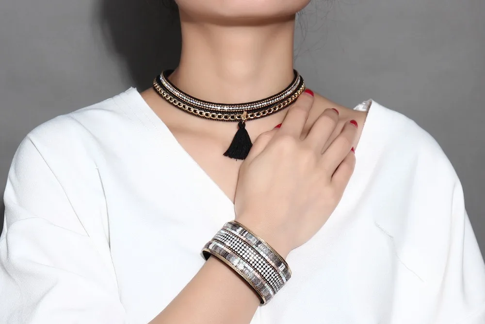 SIZZZ 38.5cm Long 17mm Wide Alloy PU Leather Collar Gold Plating Necklace For Girl/Women | Украшения и аксессуары