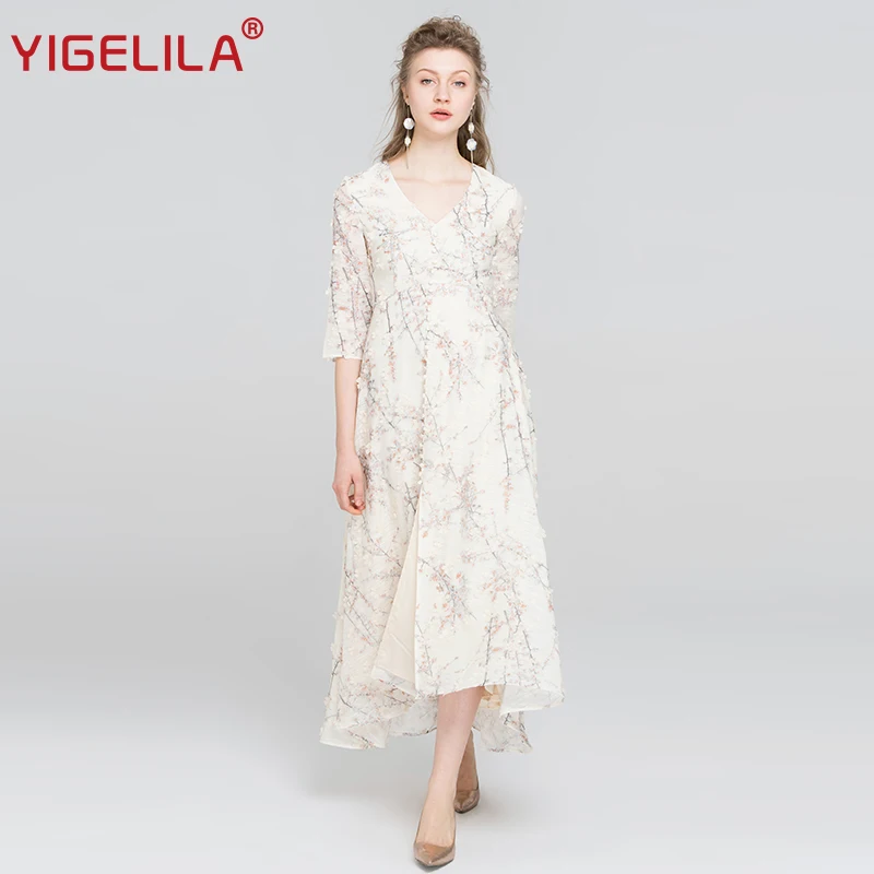 YIGELILA 2019 весеннее женское длинное платье с принтом модное v-образным вырезом и