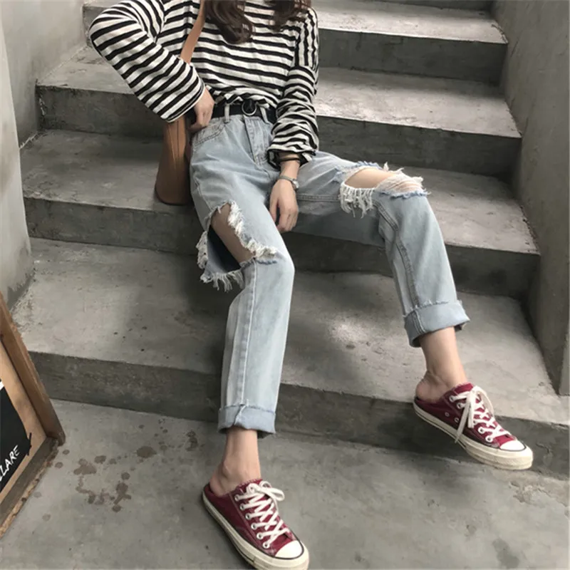 autumn 2018 Korean fashion casual pants ladies plus size ripped high waist jeans Streetwear Wide leg denim pans womens bottom |