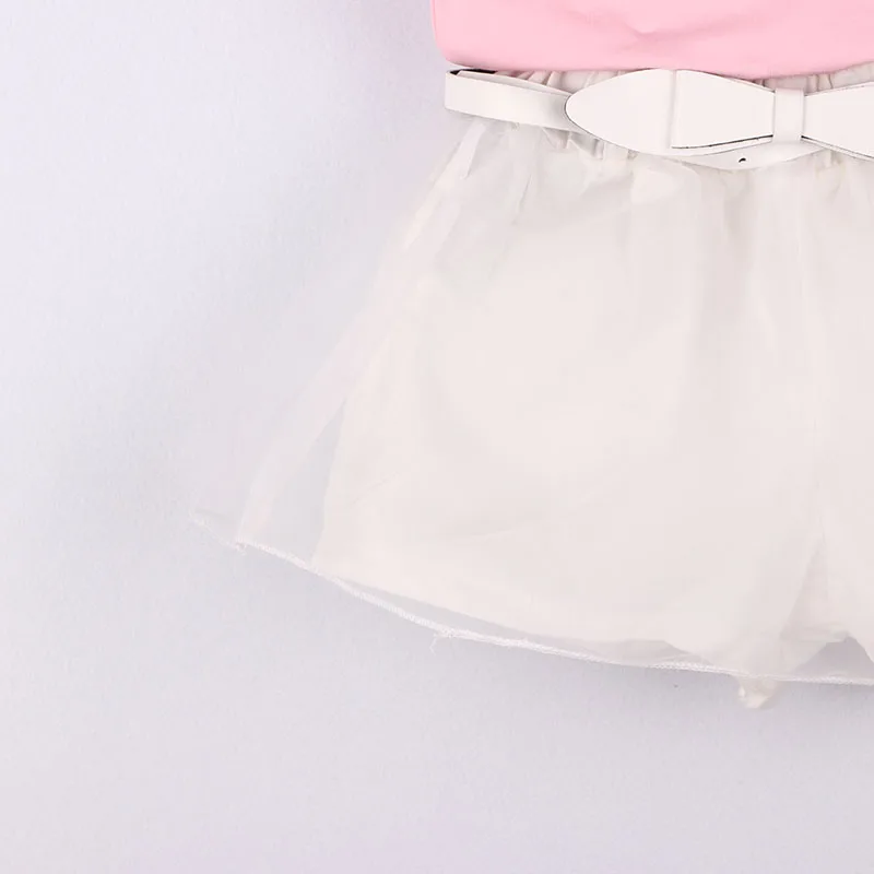 Girls Clothes Set Short Sleeve Pink Letter Shirt And White Organza Shorts With Bow Belt Unique Fashion Kids Girl's Sets | Детская