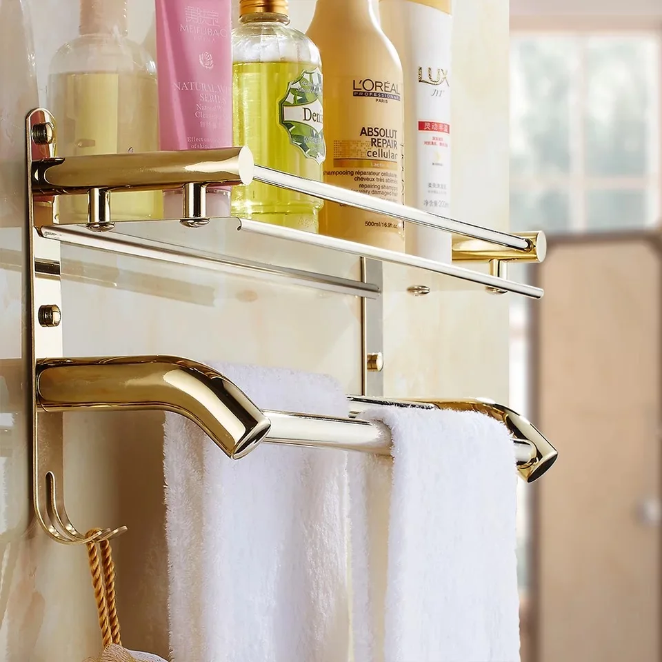 

Bathroom Accessories bathroom stainless steel Golden Finish shelf 40cm With hook towel bar,double towel Shelf bathroom shelf