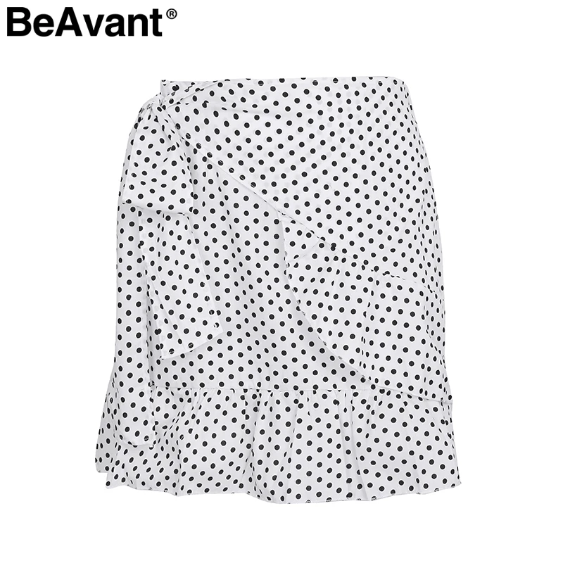 White Dot BeAvant Повседневная клетчатая Женская юбка в горошек с цветочным принтом, мини-юбка с оборками, Женская сексуальная пляжная короткая юбка с высокой талией, лето - Цвет: White Dot