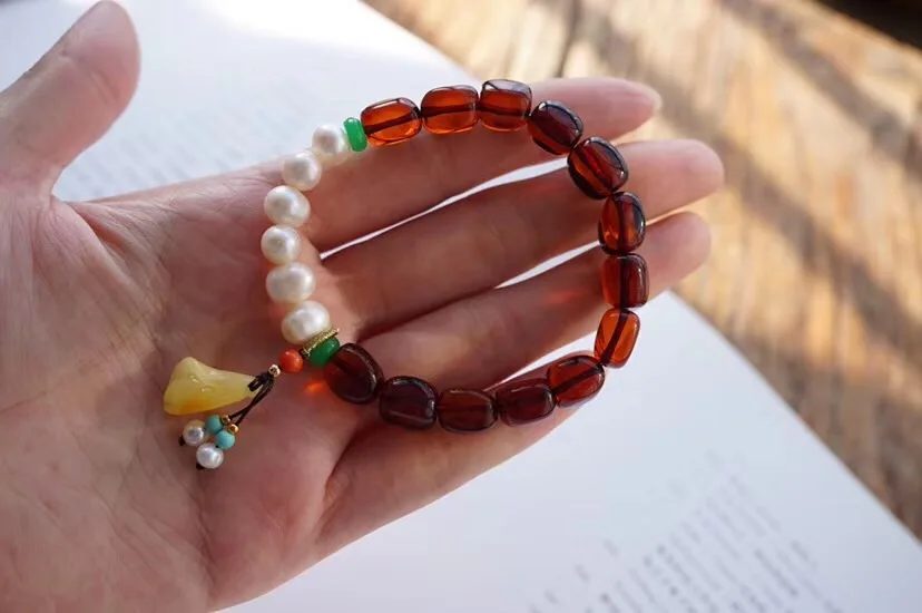 11x7.6mm Genuine Natural Yellow Amber And Pearl Bracelet With Pendant Women Stretch CrystalFashion Jewelry | Украшения и