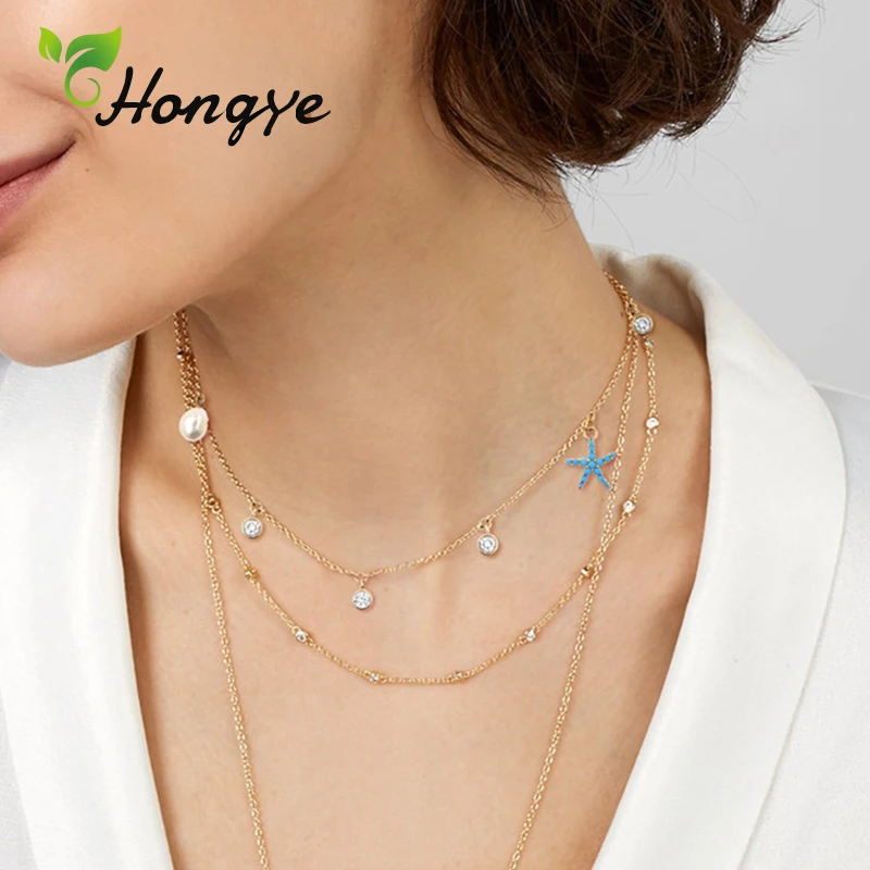 

Hongye Baroque Pearls Necklace Jewelry Fresh Summer Ladies Starfish Pendant Necklace 14k Gold Collar Chain Fashion Women Jewelry