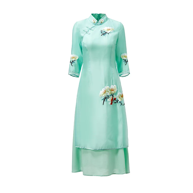 Cheongsam платье с вышивкой Элегантные Высокое качество Элегантный три четверти