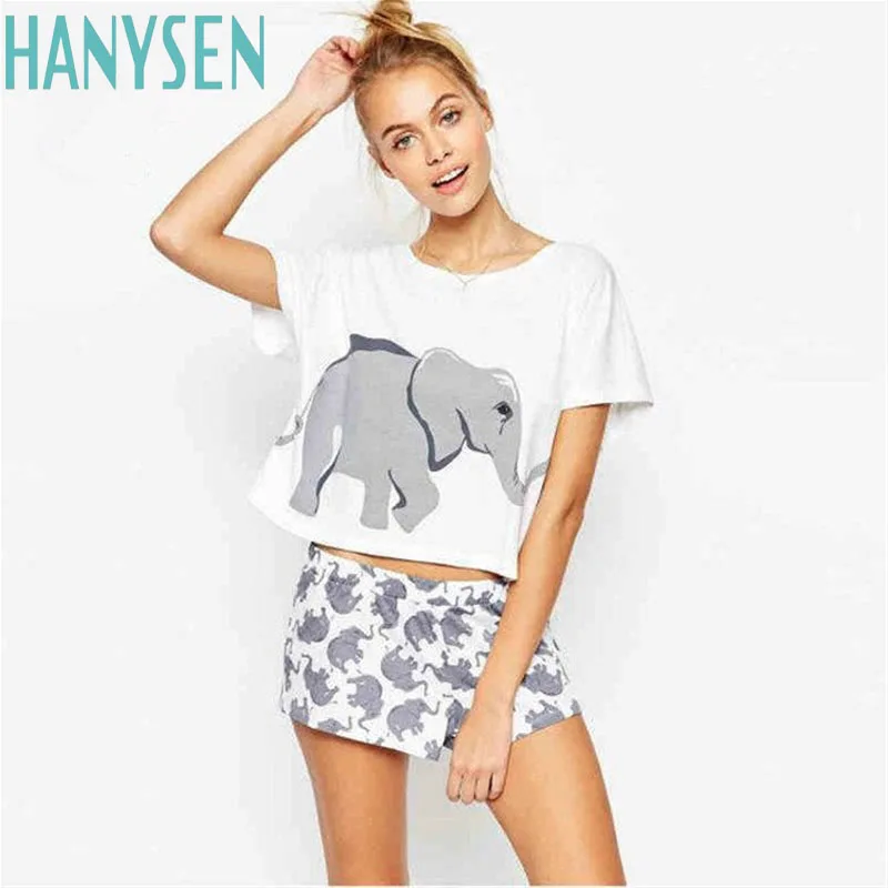 HANYSEN 2017 Лето Горячие Продажа Слоны Животных Дизайн Печатных Футболку Сплошной