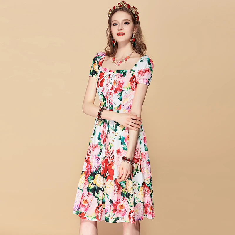 Baogarret 2019 Fashion Runway Summer Dress Women's Belted Floral Print Casual Holidays Party Slim Midi Elegant | Женская одежда
