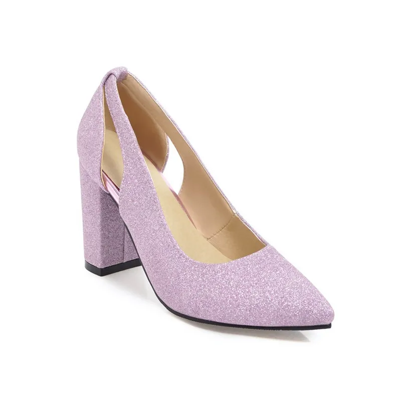 

Elegant Woman Pumps Glitter PU Leather 9cm High Chunky Square Thick Heel Pointed Toe Gold Cutout Casual Party Office Lady Pumps