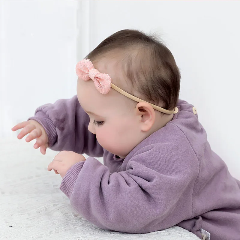 Fashion Shiny Baby Girl Nylon Elastic Headband Mini Ring Lace Bowknot Headdress Solid Color Newborn Princess Headwear | Детская одежда