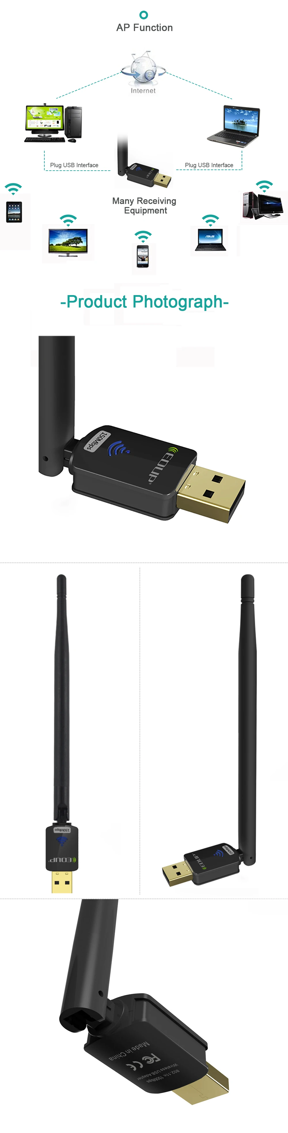 EDUP WiFi USB адаптер 802.11n 150Mbps 2,4 Ghz MT7601 беспроводной USB адаптер 6dBi антенна WiFi приемник для ПК ноутбука