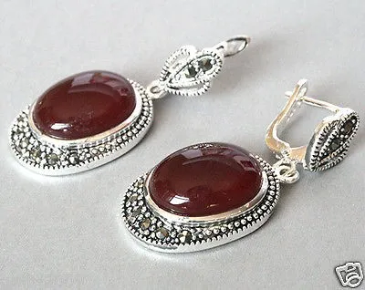 beautiful 925 11/2&quot Natural Red Stone Marcasite Earring natural gem/stone/coral/opal Earrings | Украшения и аксессуары