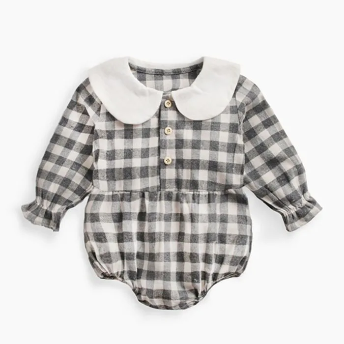 Grey plaid Комбинезон для новорожденных девочек, хлопковый клетчатый комбинезон с длинными рукавами, весенне-осенняя одежда для маленьких девочек 0-3 лет - Цвет: Grey plaid