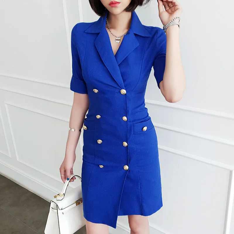 

Big Size with Double Button Short Sleeve Work Office Dress Women Solid Summer Dress 2019 Vestiti Donna Women's Blue Blazer Dress