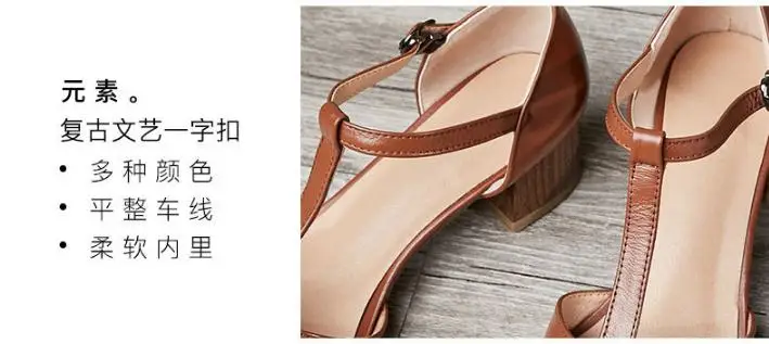 spring and summer new cow leather High heels buckle Crude heel round head retro sandals Female mid heel women's shoes