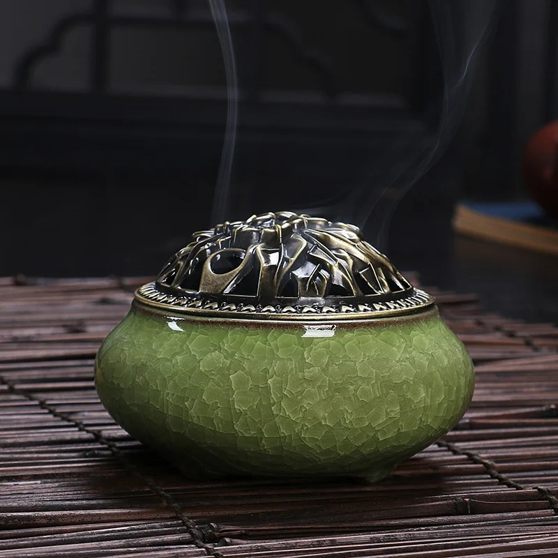 Celadon керамический будда благовония база медный сплав антикварные горелка