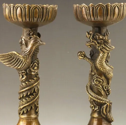 YM 309 Chinese Handmade Fine Dragon And Phoenix Bronze Candlestick Pair Statue StatUE | Дом и сад