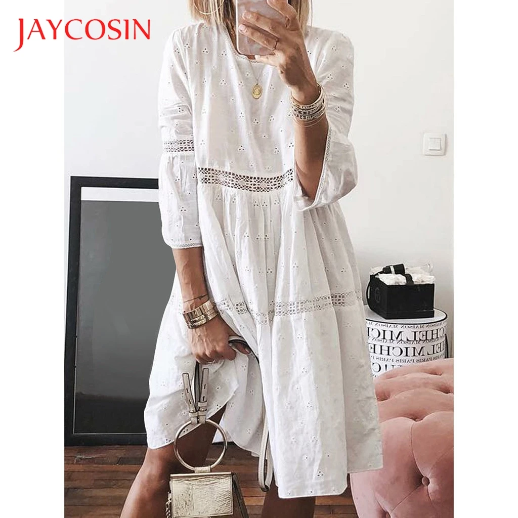 JAYCOSIN, женские одноцветные платья Boho с вырезом лодочкой, открытые платья с рукавом средней длины, одноцветные сексуальные платья для отдыха 0709