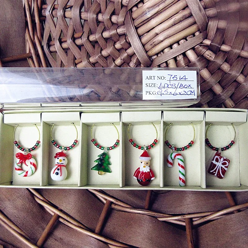 

6pcs handmade murano glass Santa Claus cartoon statue ring pendant Christmas decoration Accessories marker wine glass charms set