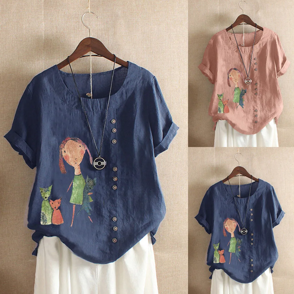 Женская блузка женские топы летние Blusas Mujer De Moda размера плюс свободная туника с круглым вырезом и принтом на пуговицах женская блузка