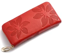 100genuine leather pink floral women wallets red large zipper long wallet women flower phone pouch female purses