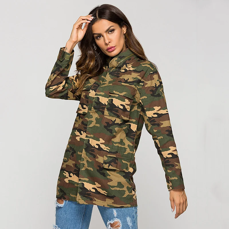 Куртка ESCALIER Женская камуфляжная с длинным рукавом и стоячим воротником|jacket