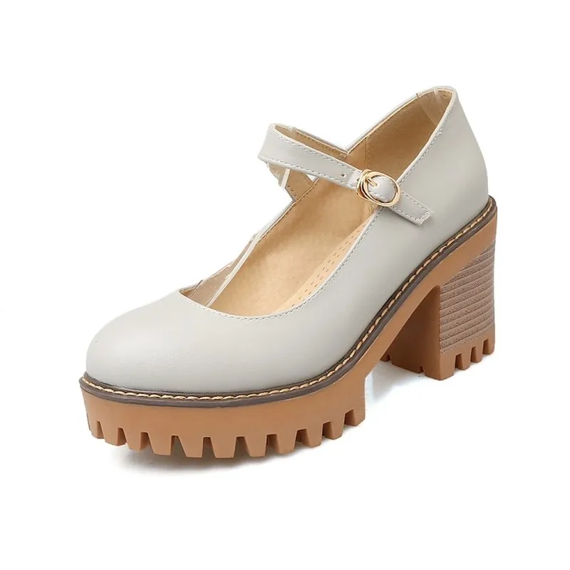 Pumps Spring and autumn The New fashion Round head Shallow mouth Buckle Thick heel High Women's shoes plus size 33-43 | Обувь