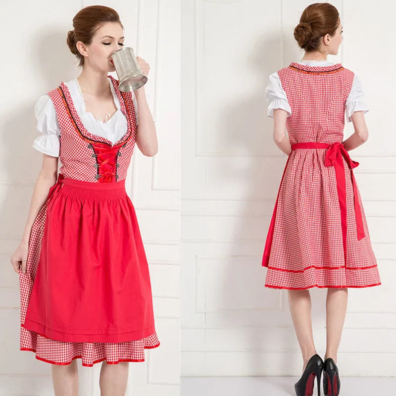 Красный решетки Октоберфест Платье Dirndl костюмы баварского пива Wench официантка